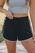 Black Contrast Trim Pleated Casual Active Shorts