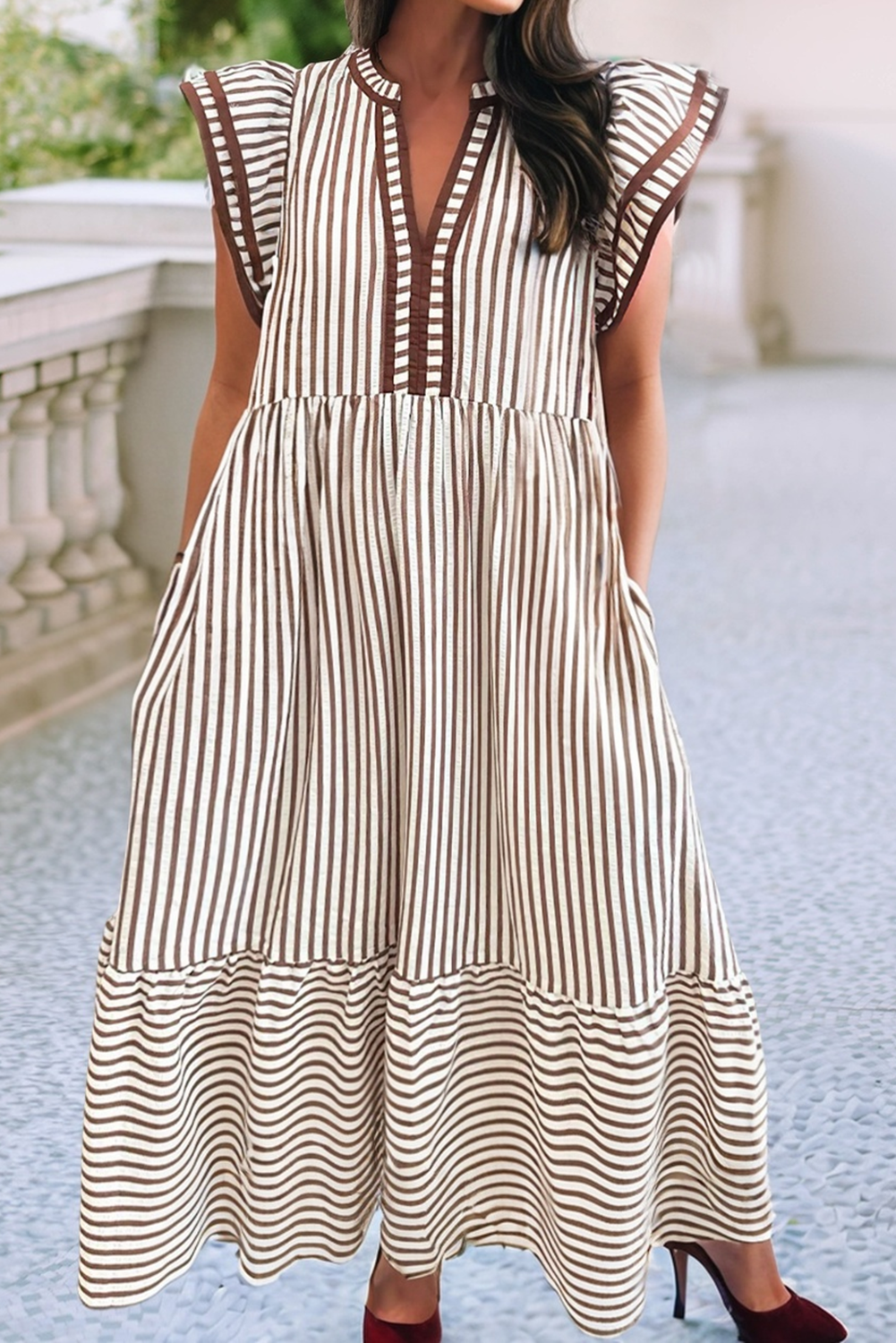 Plus Size Spring Ruffled Stripe Contrast Trim V Neck Dress
