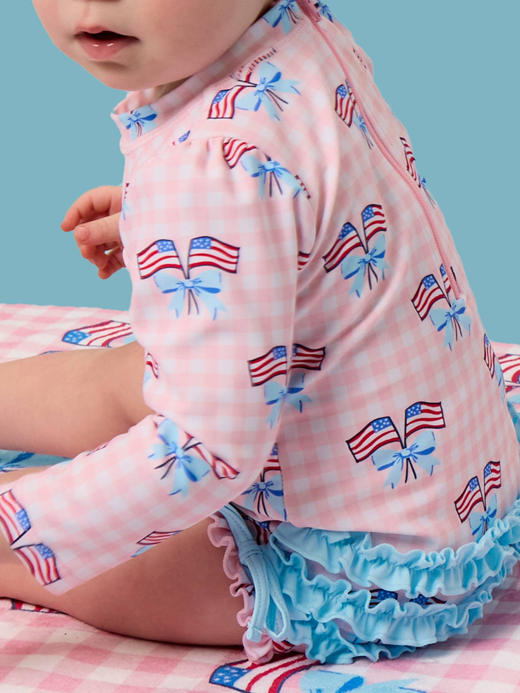 Pink Patriotic Gingham Long Sleeve One Piece Rash Guard