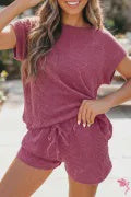 Pitaya Pink Twisted Ribbed Loose Tee Drawstring Elastic Waist 2pcs Short Set