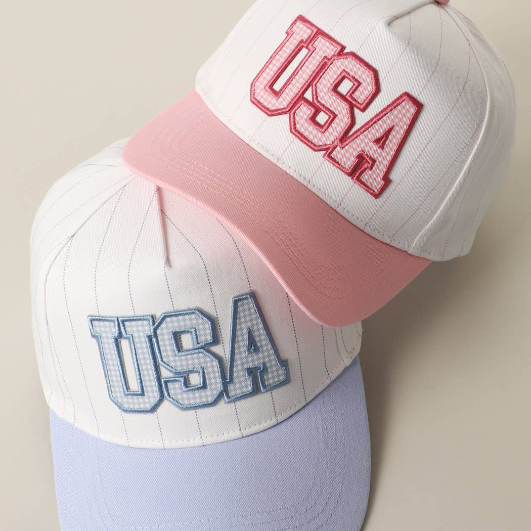 USA Gingham Embroidered Patch Pinstripe Crown Trucker Hat