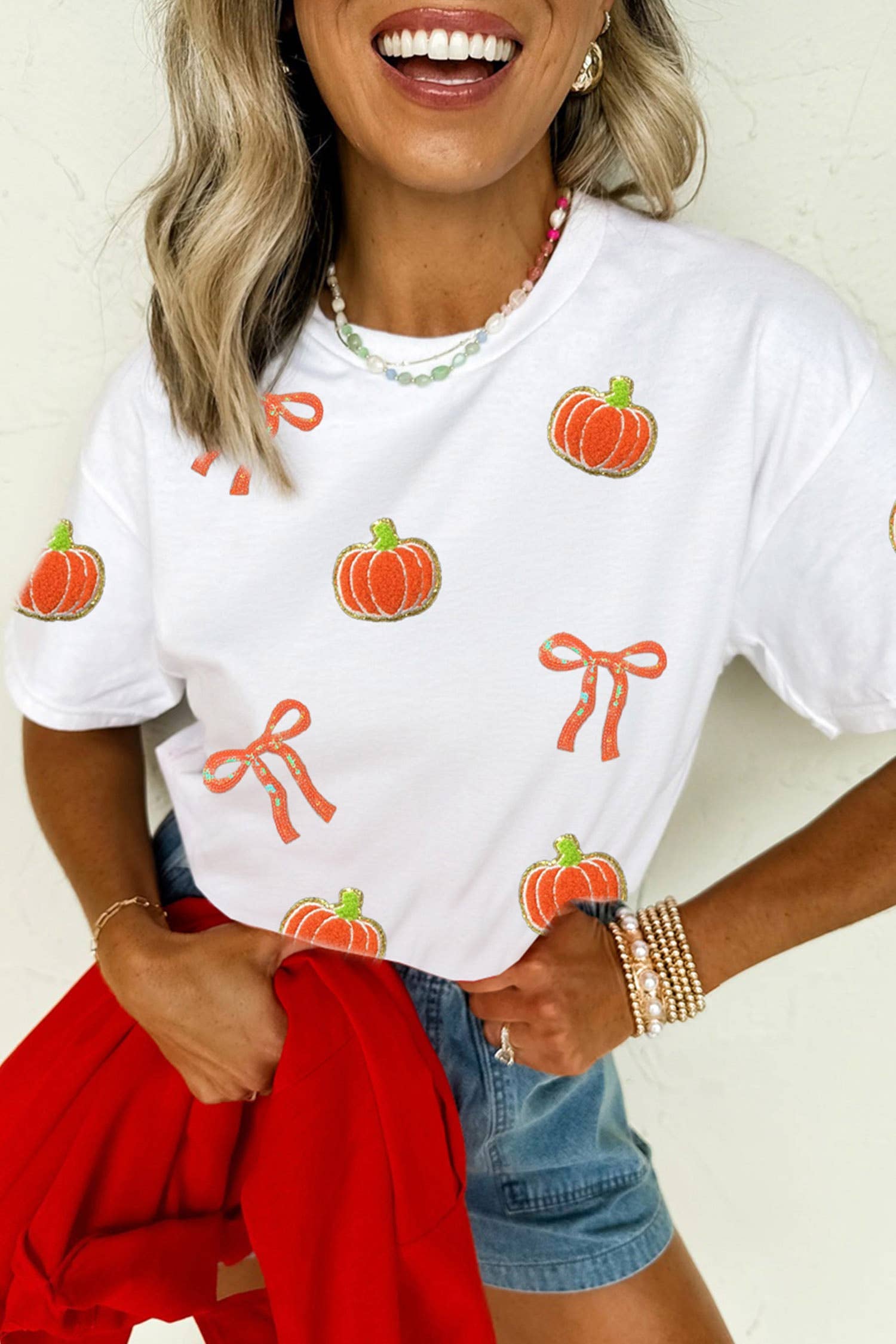 LDC Sequin Chenille Pumpkin Bow Pattern Casual Short T Shirt