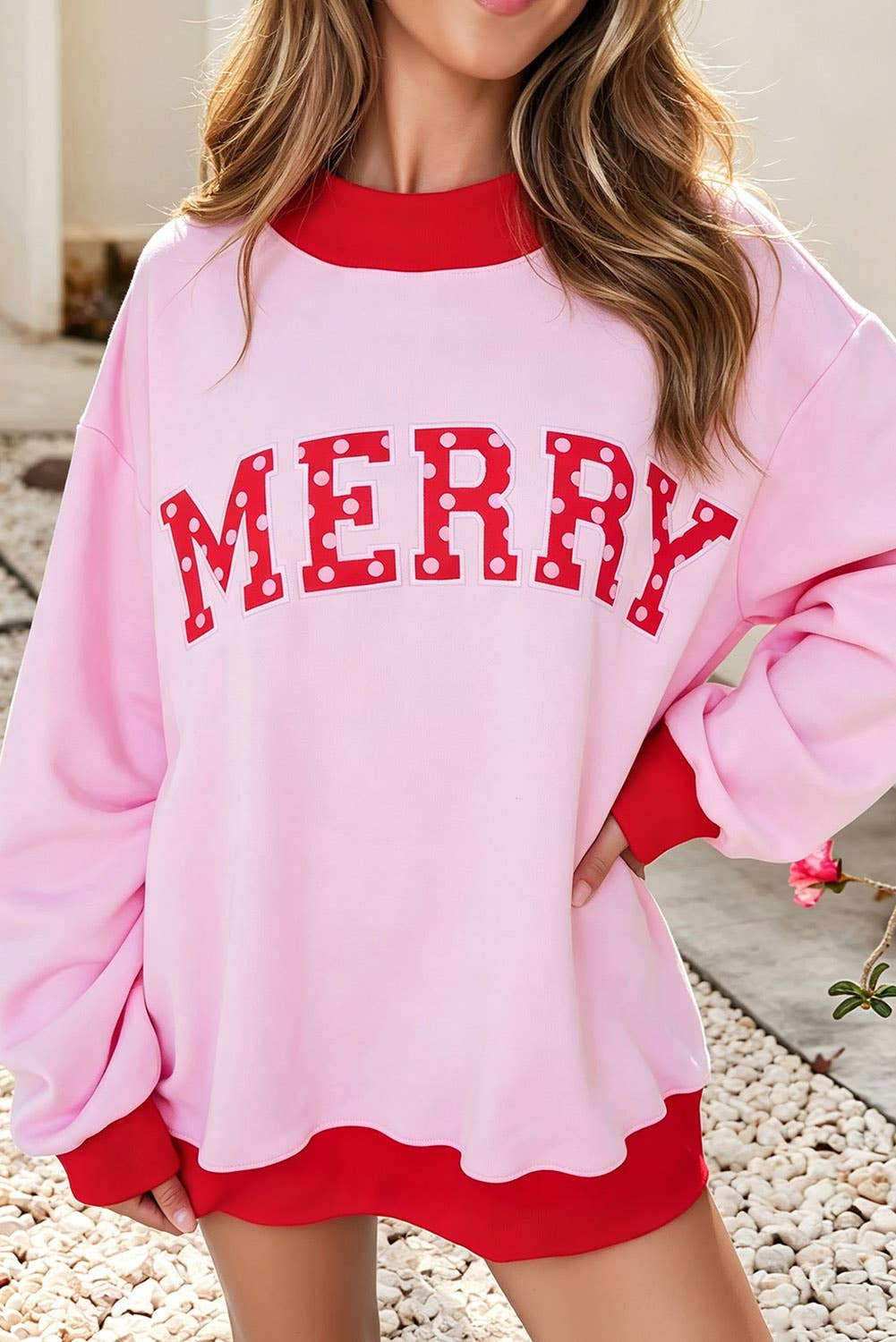 NEW Polka Dot Contrast Trim Mock Neck Oversized Sweatshirt