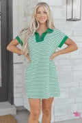 Green Stripe Quarter Zip Polo Collar T Shirt Dress with Pockets