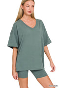 COTTON V-NECK TOP & BIKER SHORTS SET