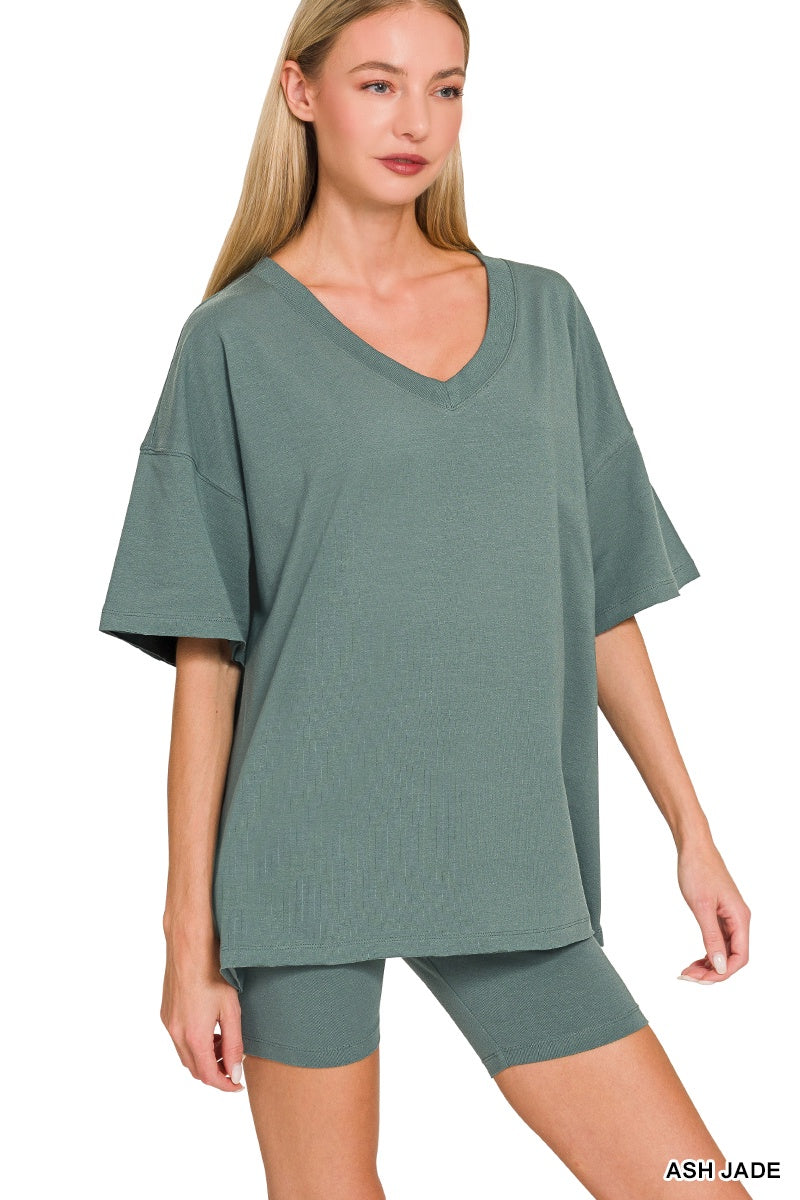 COTTON V-NECK TOP & BIKER SHORTS SET