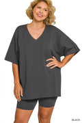 PLUS COTTON V-NECK TOP & BIKER SHORTS SET