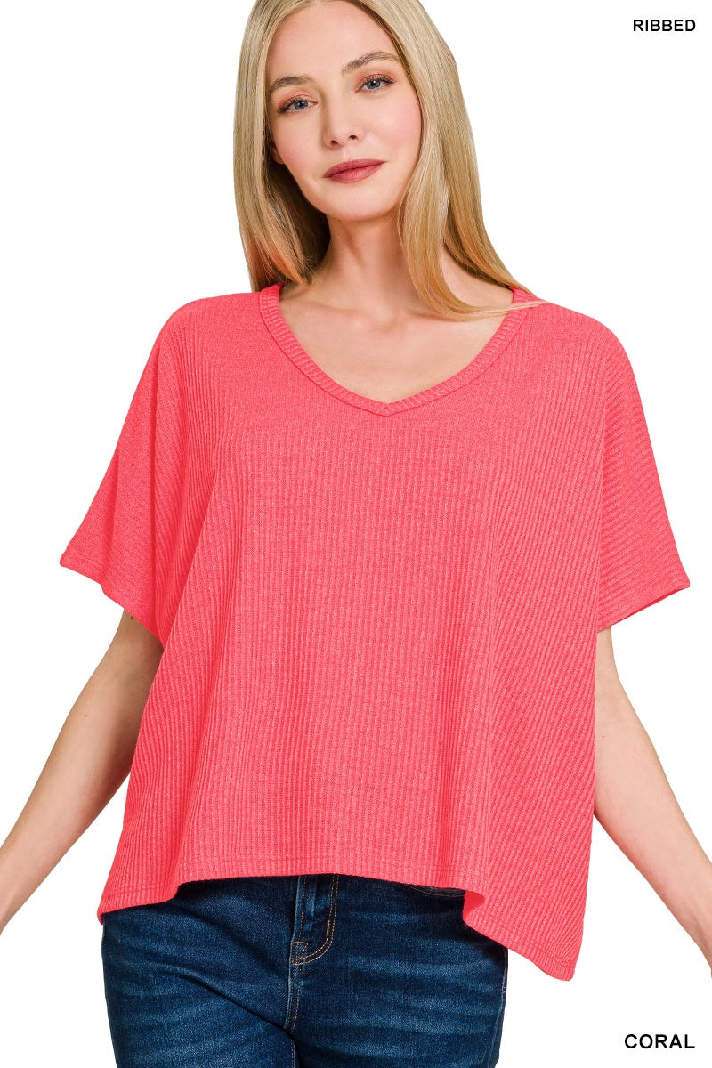 RIBBED V-NECK SHORT-SLEEVE SWEATER