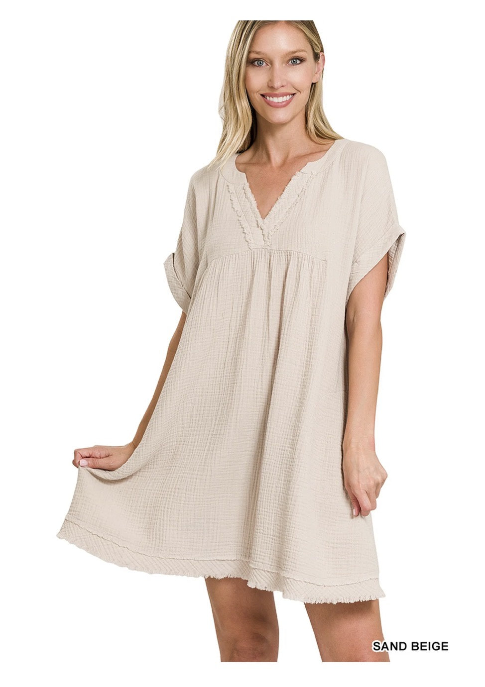PLUS DOUBLE GAUZE RAW EDGE V-NECK DRESS