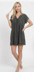 WASHED DOUBLE GAUZE RAW EDGE V-NECK DRESS
