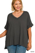 PLUS RAISED RIB SHORT SLEEVE HI-LOW V NECK TOP