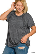 PLUS WASHED RIBBED CUFFED SHORT SLEEVE ROUND NECK TOP