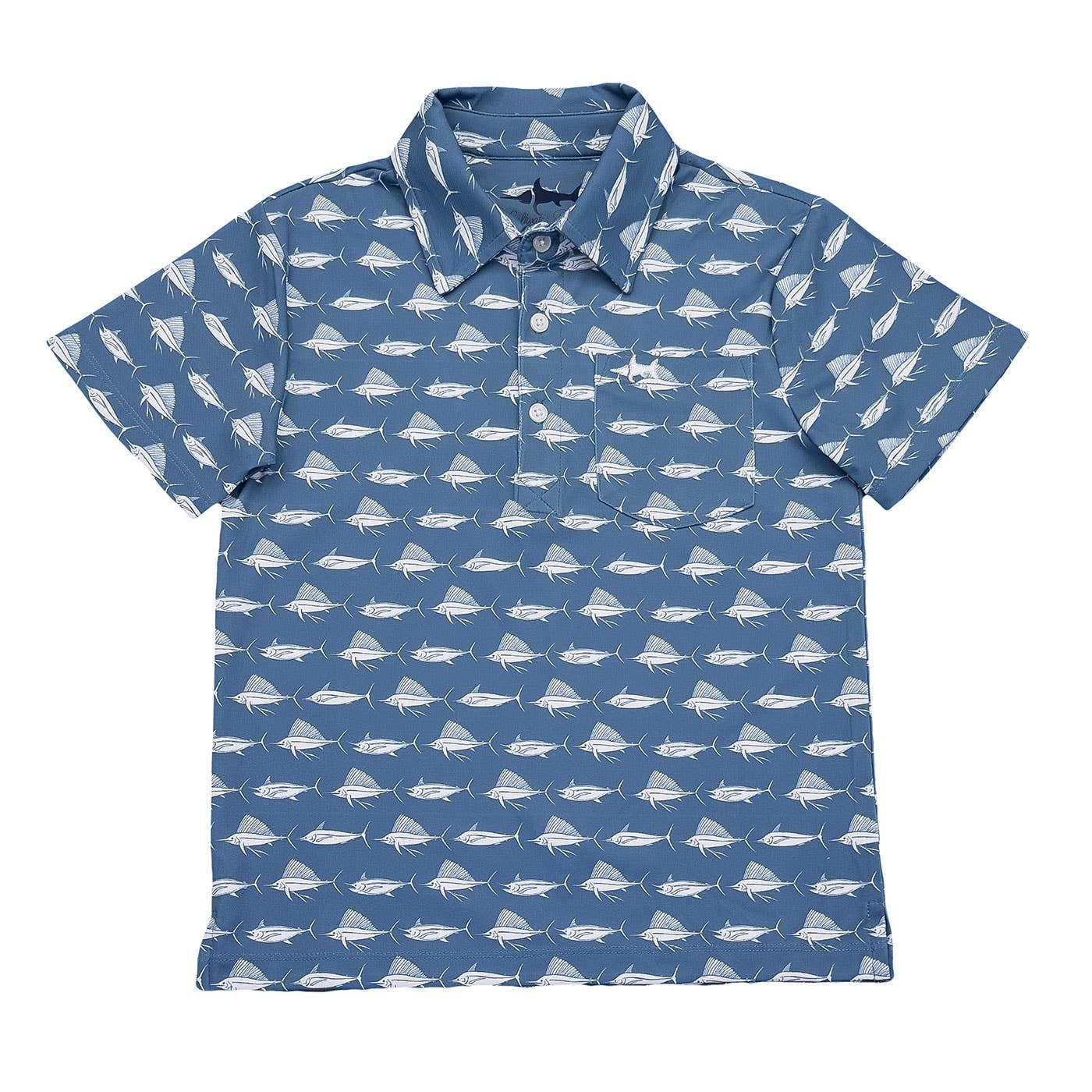 Inshore Boys Performance SS Polo Blue/White Fish 