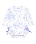 Baby Girls Periwinkle Butterfly Garden Long Sleeve One Piece Rash Guard Swimsuit with Signature Rear Ruffles