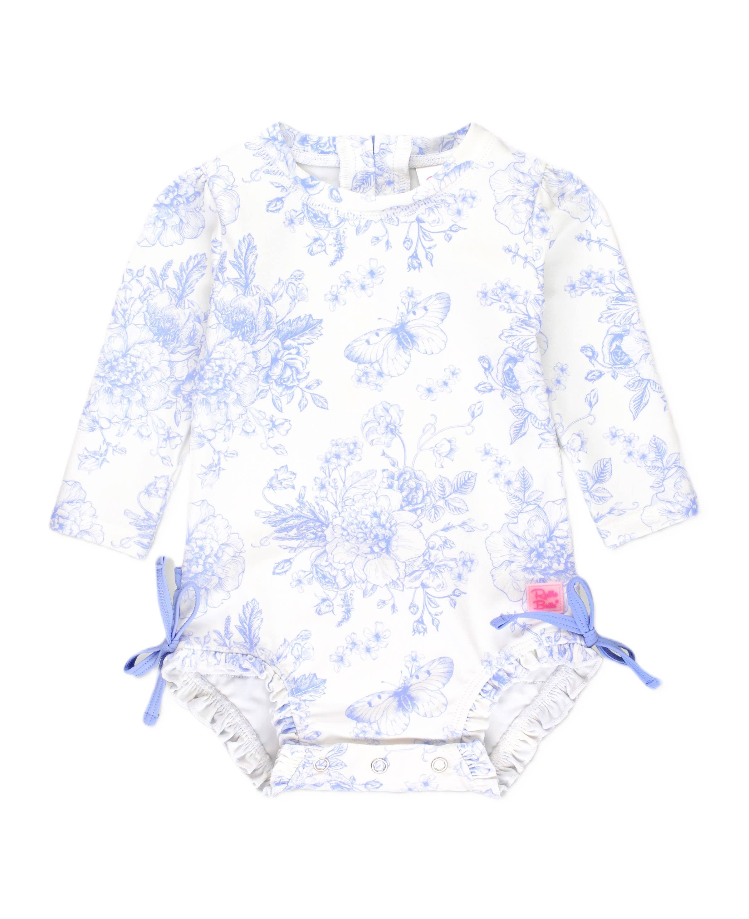Baby Girls Periwinkle Butterfly Garden Long Sleeve One Piece Rash Guard Swimsuit with Signature Rear Ruffles