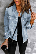 LDC Lapel Distressed Raw Hem Buttons Denim Jacket
