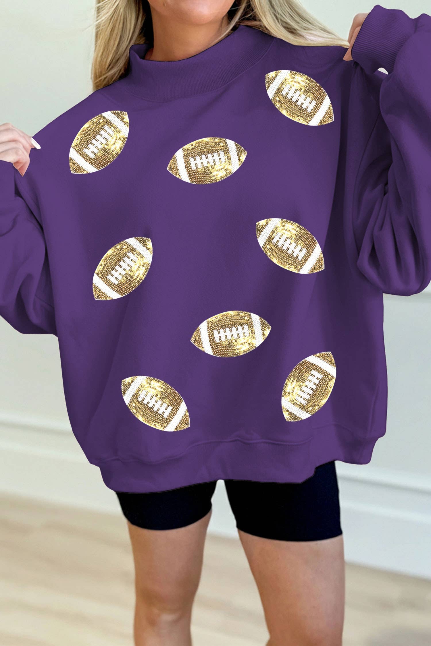 LDC Game Day Sequin Rugby Pattern Mock Neck Baggy Sweatshirt
