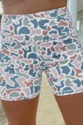 Blue Abstract Camo Printed Seam Detail Biker Shorts