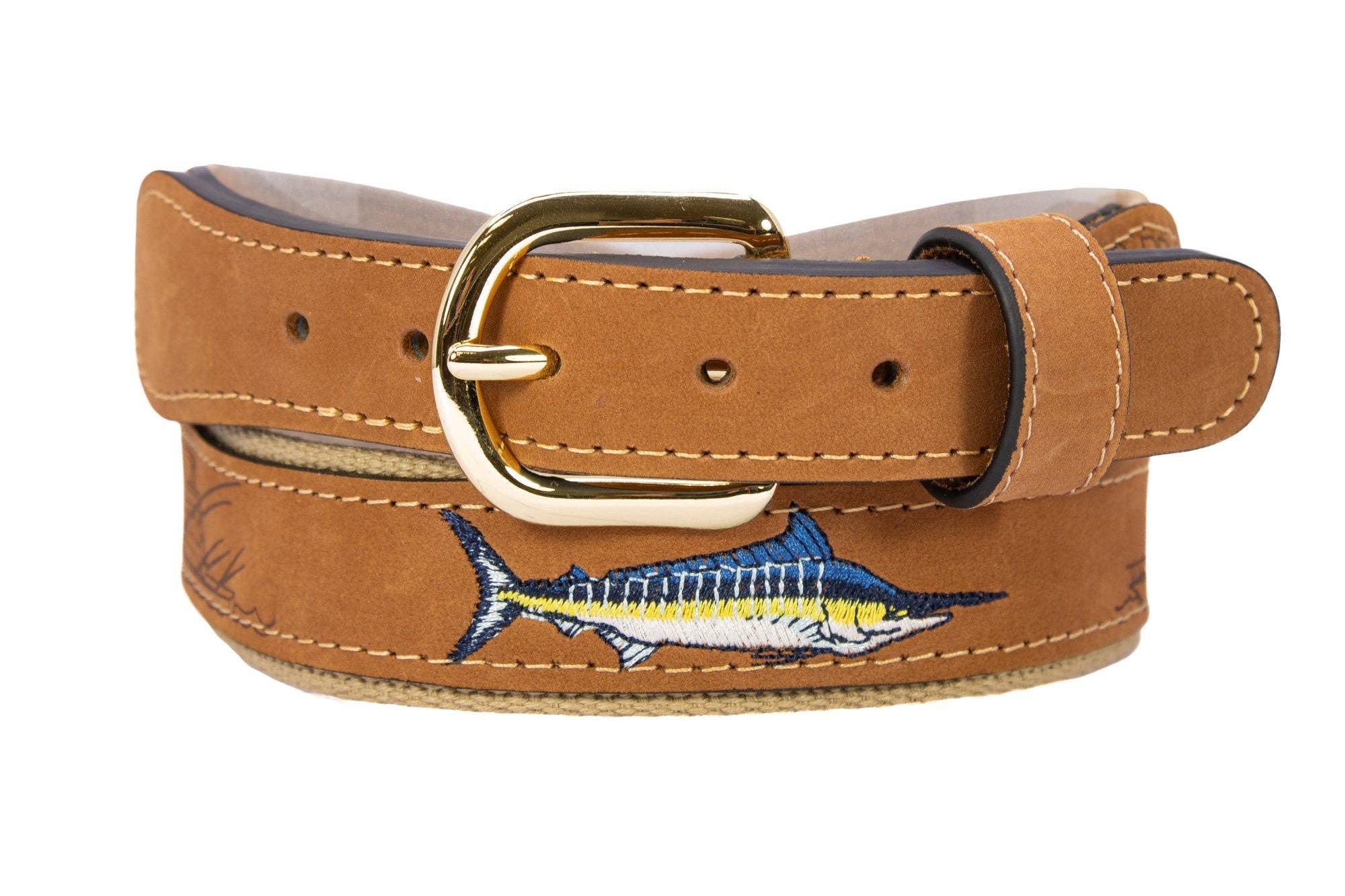 Marlin Embroidered Nubuck Tan Leather Belt.