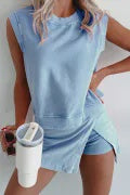 Myosotis 2 Pieces Mineral Wash Cotton Tank Top Lined Split Skort Set