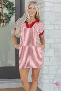 Red Stripe Quarter Zip Polo Collar T Shirt Dress with Pockets